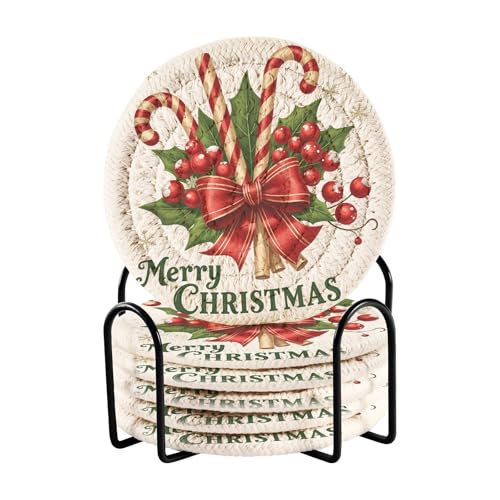 Christmas Coasters with Holder Merry Christmas Bow Candy Holly Canes Coasters Set of 6 Cotton Woven Absorbent Cup Coaster Xmas Holiday Party Table Decor 4 Inches