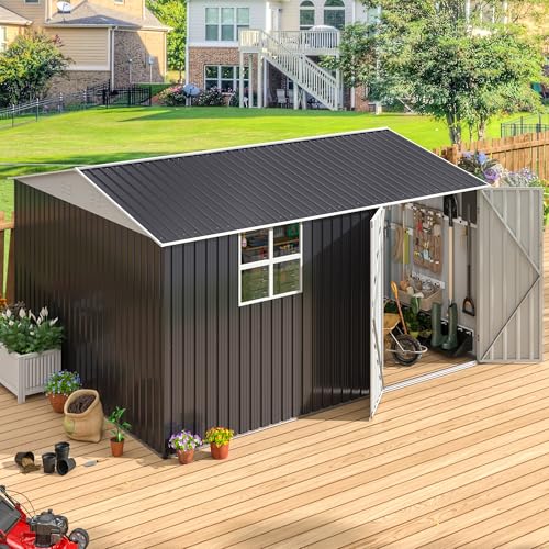 Image of AirWire 12x10 FT Outdoor Metal Storage Shed with Window, Heavy-Duty Galvanized Steel Tool Shed with Lockable Doors, Waterproof Garden Shed for Backyard, Patio, Lawn, Black