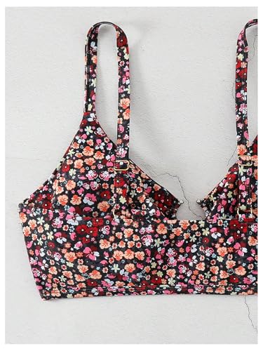 SHENHE Women's Floral Bikini Top Cut Out Ring Linked Spaghetti Strap Paddes Swimsuit Top Only4