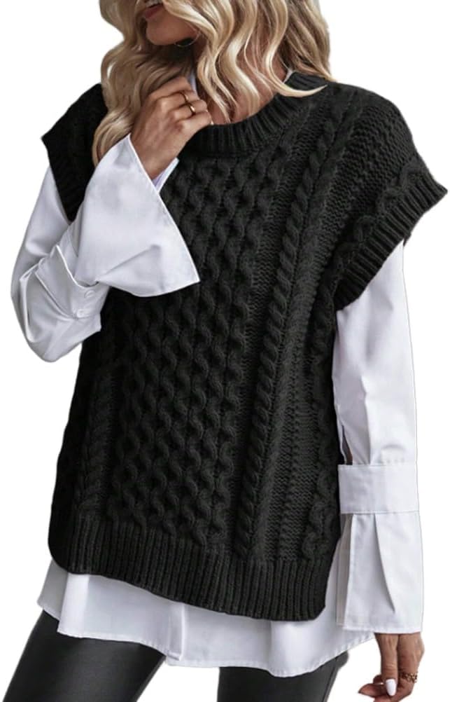 Kinghua Women's Sweater Vests Fall Winter Trendy Crewneck Sleeveless Cable Knit Vest Side Slit Pullover Tops Outwear