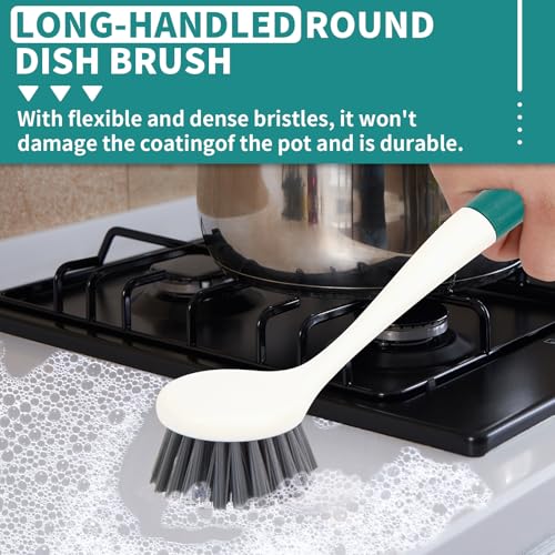 Image of Xicennego 3 Pack Kitchen Cleaning Brush Set,1 Pot and Dish Cleaning Brush with Long Handle,1 Kitchen and Bathroom Brush with Scraper Strip, 1 Hard-Bristled Brush for Sink, Countertops, Tiles(Green