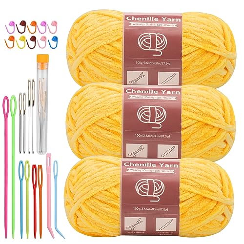 Image of LUNARM Chenille Yarn 3 Pack 3.5oz Chunky Blanket Velvet Yarn 263 Yard | Yellow Velvet Chunky Chenille Yarn for Beginners Crocheting Hand Knitting Scarves with Big Eye Needles Machine Washable