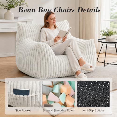 LaoGeoRon Giant Bean Bag Chairs for Adults, Large Plush Bean Bag Chair with Armrests and Side-Pocket, Living Room Beanbag Chair with Memory Foam Filled, Vacuum-Compressed for Easy Gifting, White - Image 3