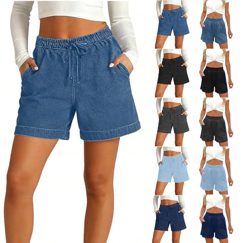 Women's Denim Shorts Summer Solid Color High Waisted Hot Pants with Pockets Casual Lightweight Stretch Wide Leg Jean Shorts Loose Comfy Athletic Gym Workout Short Pants