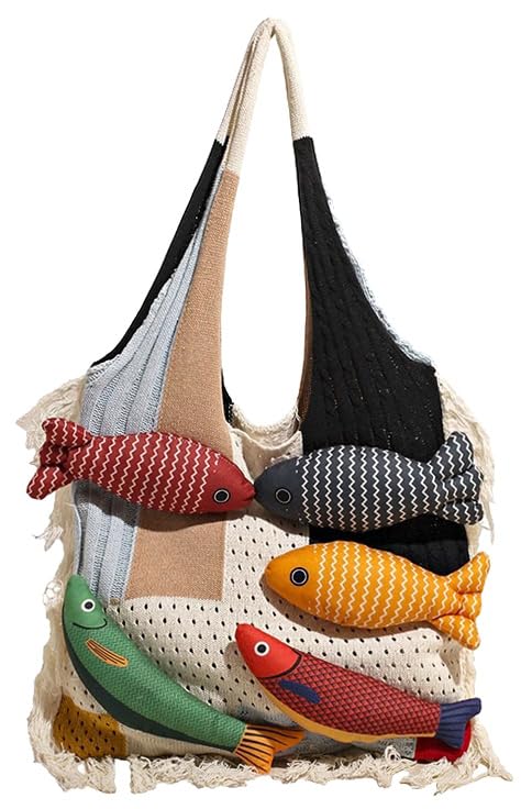 Fish Decoration Tote Bag for Women Knitted Shoulder Bag for Women Underarm Purse Hobo Handbag Travel Tote Satchels 2025