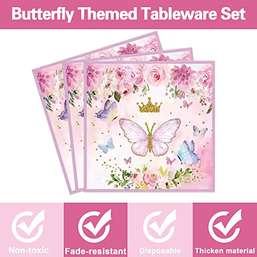 65 Pcs Butterfly Party Supplies Purple Butterfly Pink Rose Flowers Themed Tableware Set Spring Baby Shower Girls Butterfly Fairy Birthday Party Decorations,Serves 16 #TOP6