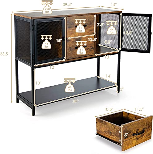 Petsite Sideboard Buffet With Storage Cabinet, Industrial Coffee Bar Console Table Credenza With Mesh Doors, Drawers & Shelf For Kitchen Entryway, Rustic Brown #TOP2