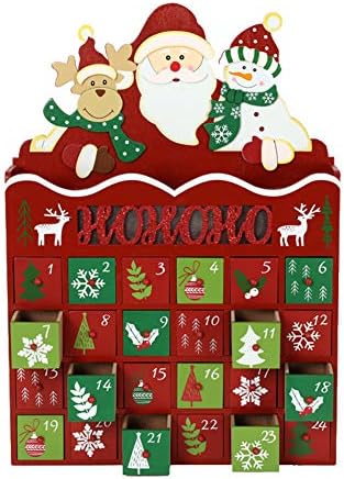 PIONEER-EFFORT Christmas Wooden Advent Calendar with Drawers Countdown to Christmas Decoration with LED Lights