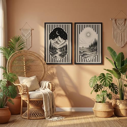 Image of NoWorries Framed Black and White Wall Art Set of 2, Vintage Mountain Moon and Coastal Ocean Landscape Prints, Boho Nature Decor, Scandinavian Minimalist Artwork for Bedroom, Hallway and Office (Art-18, 10x13inch)