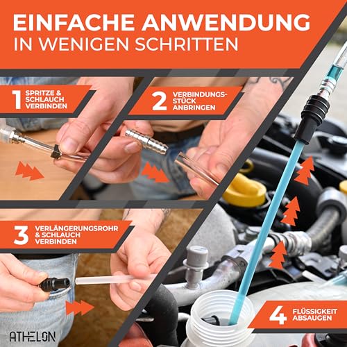 ATHELON® Ölabsaugpumpe [Spritze 500ml] - Universelle Absaugpumpe für Getriebeöl, Frostschutzmittel, Wasser oder Ölwechsel bei Auto & Co. - Ölspritze inkl. Schlauch & Verlängerungen