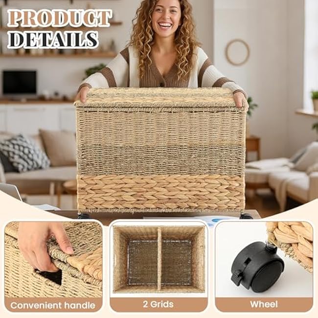 Rolling Wicker Storage Basket 23¡Á17.5¡Á16 Inch Toy Basket with Lid and Locking Wheels t for Blanket Bedroom, Laundry Room Natural