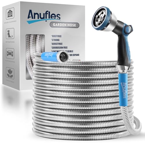 Metal Garden Hose 50ft Upgraded Kink Free and Rust Resistant Design, Stainless Steel Garden Hose With Solid Fitting and 8-Function Nozzle, Durable and Lightweight Outdoor Hose, Easy To Store