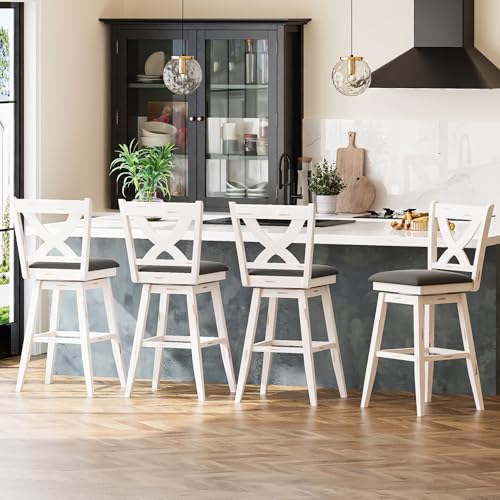 Image of MU Swivel Bar Stools Set of 2, 29 inch Bar Height Kitchen Island Chairs with Back, Upholstered Seat Barstool with Solid Wood Legs & Footrest, Counter Stools for Pub, Bar, Restaurant (Antique White)