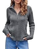 Saodimallsu Womens Cable Knit Cardigan Zip Up Collared Long Sleeve Vintage Sweater Loose Open Front Coats Grey