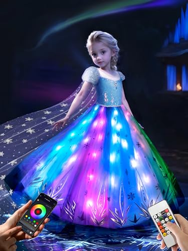 BLINGCOS Princess Costumes for Girls with RGB LED Lights Princess Dress Up Clothes Music Sync & App Control Girls Dress Up for Halloween Christmas World Book Day 110