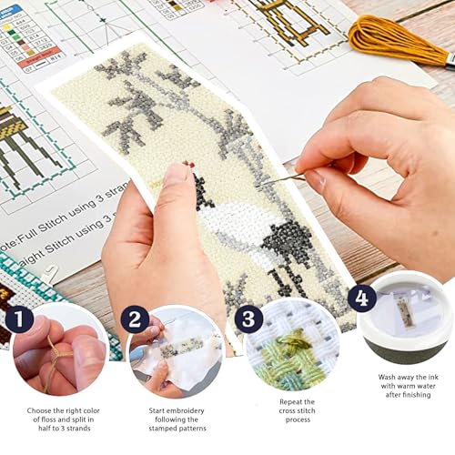 Image of FREEBLOSS 6 Set Cross Stitch Bookmark Kit 11 CT Complete Stamped Cross Stitch Kit DIY Embroidery Bookmark Kits for Adult Beginners with Instructions, Crane Pattern, 6 x 20 cm /8 inch x 2.4 inch