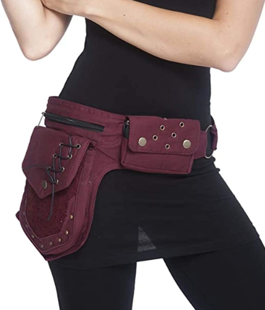 Waist Pack, Renaissance Bag for Women, Maroon Canvas Waist Bags, Thigh Bag with Multiple Pockets, Adjustable Hip Belt Bag for Travel, Work, School, Festival Party - Image 4