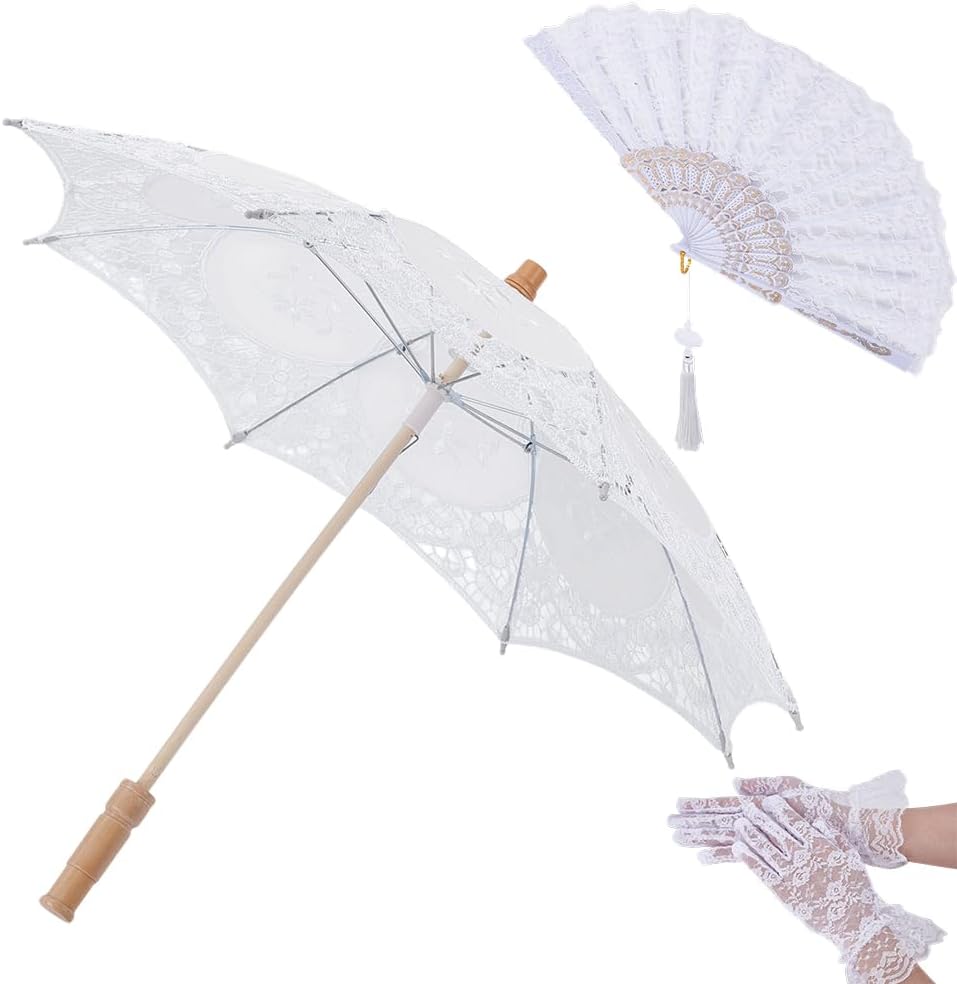 AHANDMAKER 1 Set Bridal Lace Umbrella White Lace Parasol Vintage Victorian Wedding Bridal Umbrella Gloves Fun for Wedding Tea Party Valentine's Day Photography Props Decoration