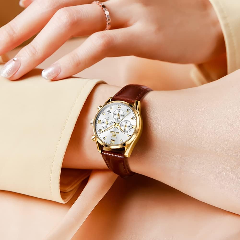 OLEVS Women's Watches Brown Leather Strap Analog Quartz Rose Gold Female Watches Multifunction Chronograph Diamond Waterproof Luminous Ladies - Image 3