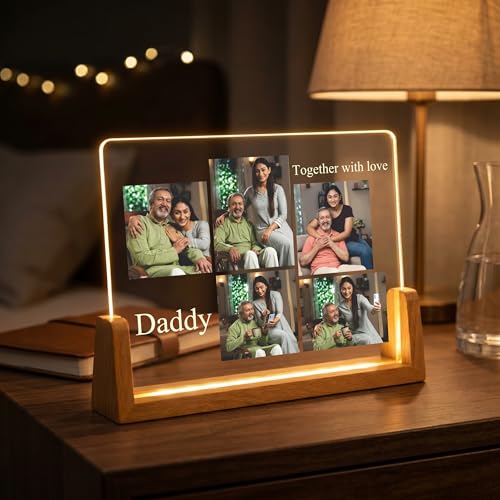 Image of Giftplease Personalized Daddy Together with Love Acrylic LED Photo Frame with Wooden Base | Customized Multi-Photo Lamp for Father's Day, Birthday | Warm Glow Night Light