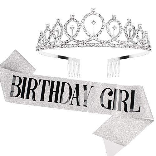 Didder Birthday Crowns for Women, Birthday Girl Sash & Rhinestone Tiara Set 21st Birthday Gifts Silver Birthday Sash for Women Girl Princess Crown Tiaras Party Supplies Decorations