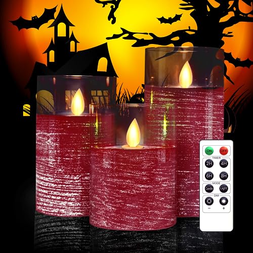 Eebuss Flameless Flickering Candles with Remote Control, Glass Real Wax Led Candles, 2/4/6/8 H Timable Battery Operated Candles Set of 3(D3 X H 4\" 5\" 6\") (Red)
