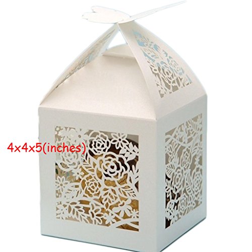 Ponatia 25Pcs/Lot 4''X4'' Laser Cut Pearl Paper Party Wedding Favor Ribbon Candy Boxes Large Size Gift Box For Cupcake (White Rose) #TOP1