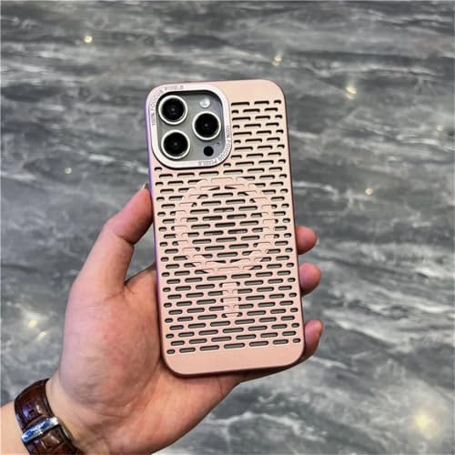 Coque iPhone 15 rose rigide fine magnétique anti surchauffe pour chargeur induction