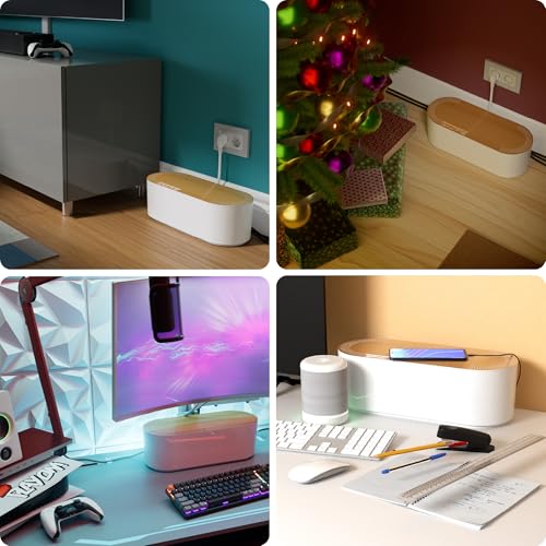 Miniatura 6 de D-Line Caja Organizadora De Cables, Oculta Regletas Y Gestiona Cables De Escritorio O Tv 325 Mm L X 125 Mm An X 115 Mm Al Tamaño Pequeño Blanco Con Tapa Efecto Madera
