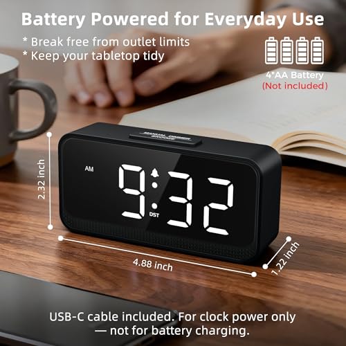 Image of Battery Operated Small Alarm Clock: Digital Compact Large Display Cordless Clock for Bedroom Travel - Simple to Use for Seniors Teens White Digits