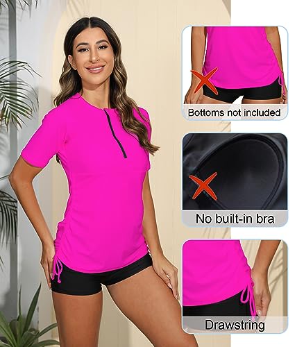 Halcurt Short Sleeve Womens Swim Shirt Women Upf 50 Ruched Rash Guard Top Pink M #TOP3