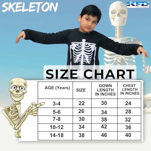 Image of Kaku Fancy Dresses Skeleton Costume for Kids with Gown & Teeth Mask | Scary Halloween Fancy Dress Outfit | Spooky Cosplay Costume for Boys & Girls - 5-6 Years