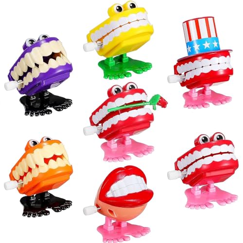 7 Pack Chattering Teeth Wind Up Toys, Mini Jumping Walking Assortment, Chomping Teeth Toys Christmas Party Favor