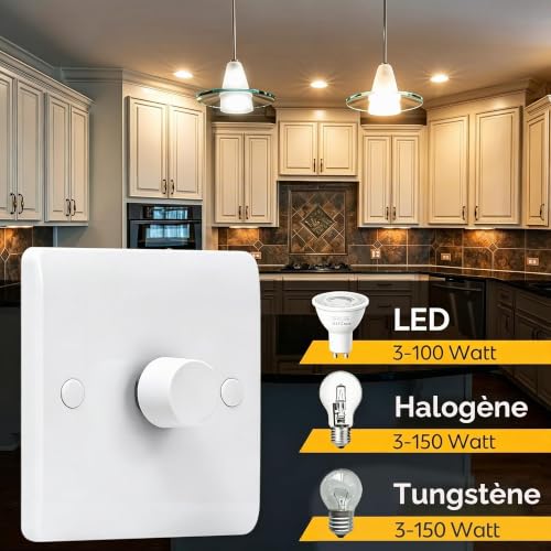 Variateur d'intensité universel LED, 1 interrupteur 2 voies (3-100 W), marche/arrêt rotatif, compatible LED/halogènes/incandescents, design moulé – vue 6