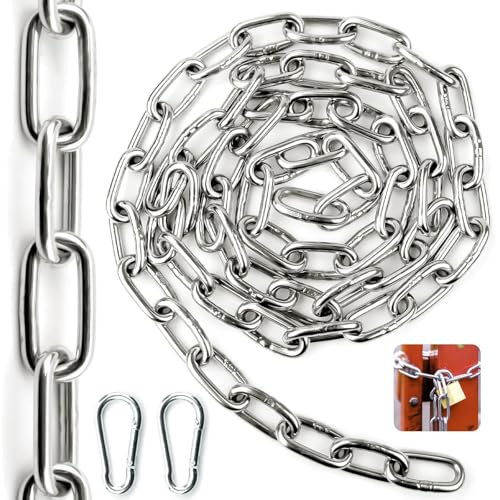SWTYExt Heavy Duty Chain 304 Stainless Steel Chain 6 MM 2 Metre Metal Chains Link Chains with Carabiner Thick for Gate Padlock Outdoor Lifting Hanging Swing Bike Cycle Lock Pet