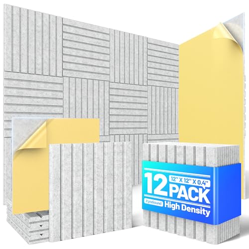 Image of 12 Pack Sound Proof Foam Panels for Walls, Acoustic Panels Self-Adhesive | 12 inch X 12 inch X 0.4 inch Slatted Soundproof Wall Panel, High Density Sound Absorbing Panel for Gaming Recording Studio Decor-Gray