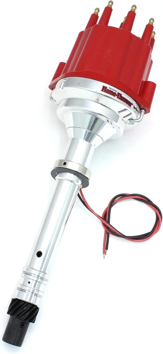 Pertronix D105811 Flame-Thrower Plug and Play Non Vacuum Advance Red Male Cap Billet Electronic Distributor with Ignitor II Technology for Chevrolet Small Block/Big Block Slip Collar