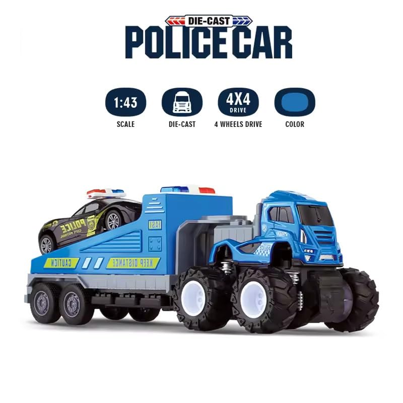 Image of SHIPEASE Friction Powered Police Car Transport Toys for Kids Boys Girls 1:43 Rescue Trailer Truck with Die Cast Model Cars Carrier Truck Toys Miniature Pull Back Vehicles (Multicolor)