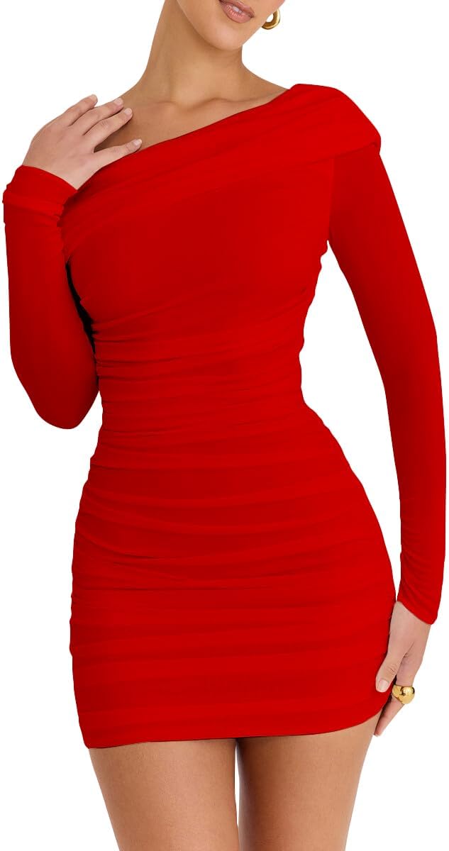LCNBA Women's Sexy One Shoulder Mesh Long Sleeve Ruched Bodycon Club Party Mini Dress - Image 3
