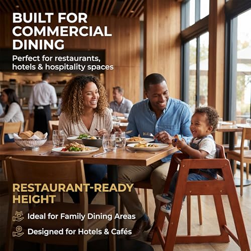 Image of Mahogany Wooden Restaurant High Chair - Stackable Rubberwood Dining Chair with Safety Bar, Easy-Clean Finish, Commercial Restaurant Seating