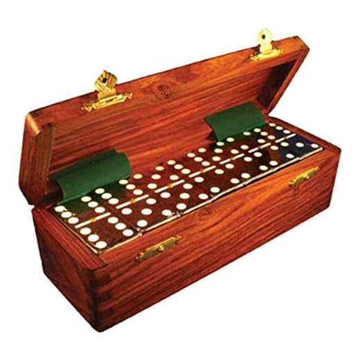 Marion Domino Double Six Black in Dovetail Jointed Sheesham Wood Box - Jumbo Tournament Size w/Spinners