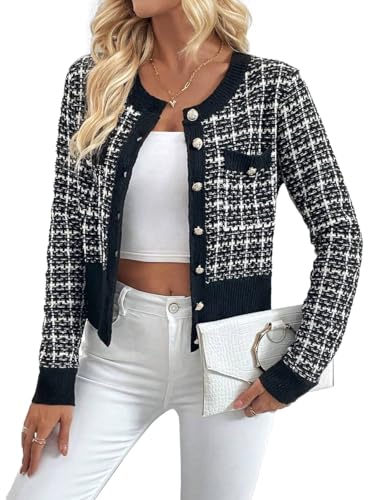 SKAYS Womens Tweed Plaid Cardigan Blazer Dressy Casual Button Front Cardigan Crew Neck Long Sleeve Texture Knit Jackets