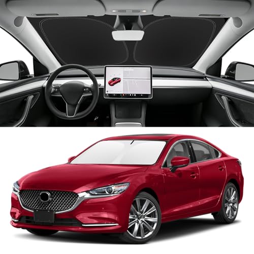 Image of Custom Fit Windshield Sun Shade for Mazda 6 2014-2021 | Blocks UV Rays and Sun Heat, Helps Reduce Interior Temperature, Protects Dashboard from Fading, Folds Easily for Storage