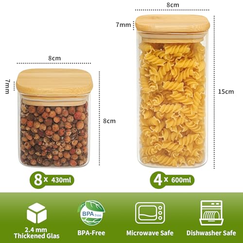 Foto von Withosent Vorratsdosen Glas 12er Set, 430/600ml Gewürzgläser Eckig Holzdeckel, Vorratsgläser Glasbehälter mit Deckel, Stapelbare Aufbewahrungsgläser Küche für Gewürze, Nuss, Körner