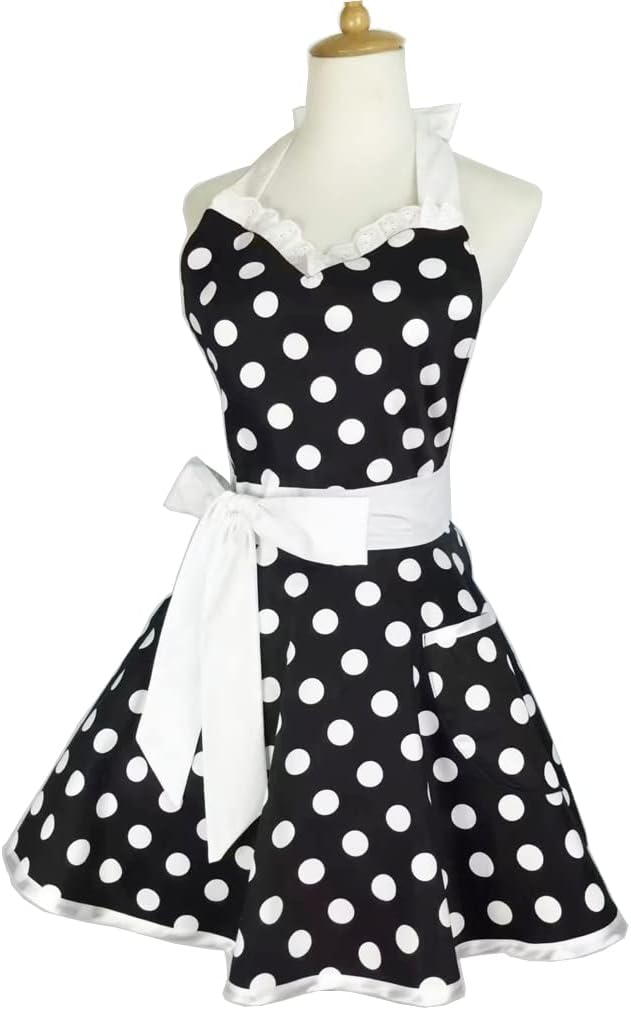 Hyzrz Lovely Sweetheart Retro Kitchen Aprons Woman Girl Cotton Polka Dot Cooking Salon Dress Pinafore Vintage Apron Mothers Gift (Black) - Image 2