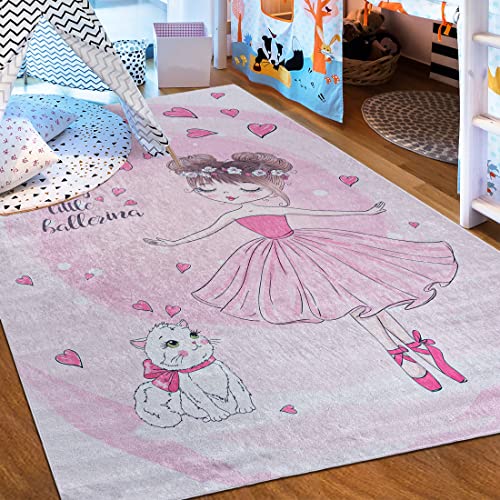 Mazovia Kinderzimmerteppich Antirutsch - Waschbar bis 30 Grad - Ballett Ballerina - Kurzflor Kinderteppich Teppich für Kinderzimmer - ÖKO-TEX - Teppiche Mädchen Rosa Pink 160 x 230 cm
