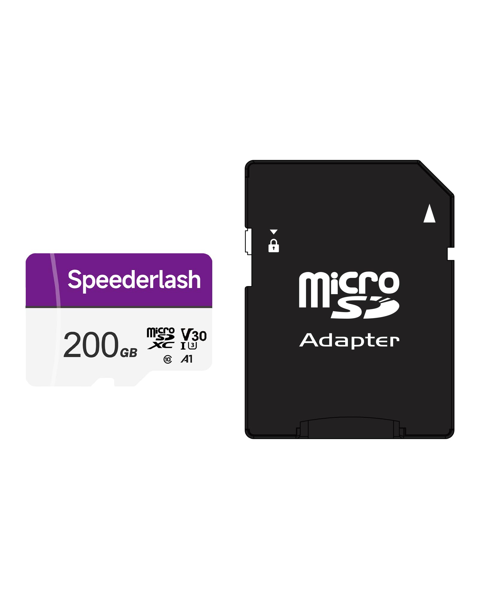 Speederlash Carte Micro SD 200 Go avec adaptateur, A1, U3, vitesse de lecture jusqu'à 95 Mo/s, carte mémoire haute vitesse pour caméras, drones, smartphone, tablette