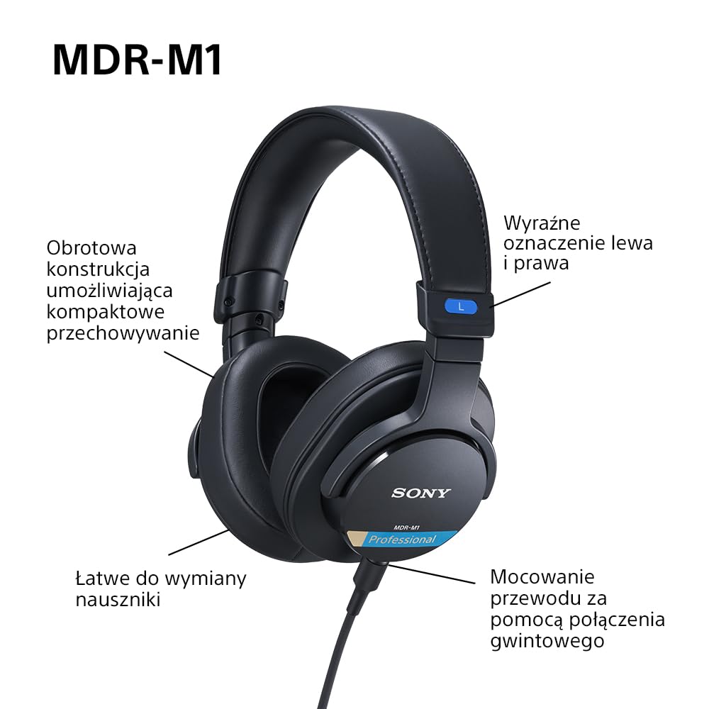 Sony Mdr-M1 Słuchawki Studyjne Zamknięte, Przewodowe, Szerokopasmowe (5 Hz–80 Khz), Optymalne Do Nagrywania i Miksowania w Studio, Lekkie (216G), w Zestawie 2 Optymalnej Klasy Odłączane Kable, Czarne