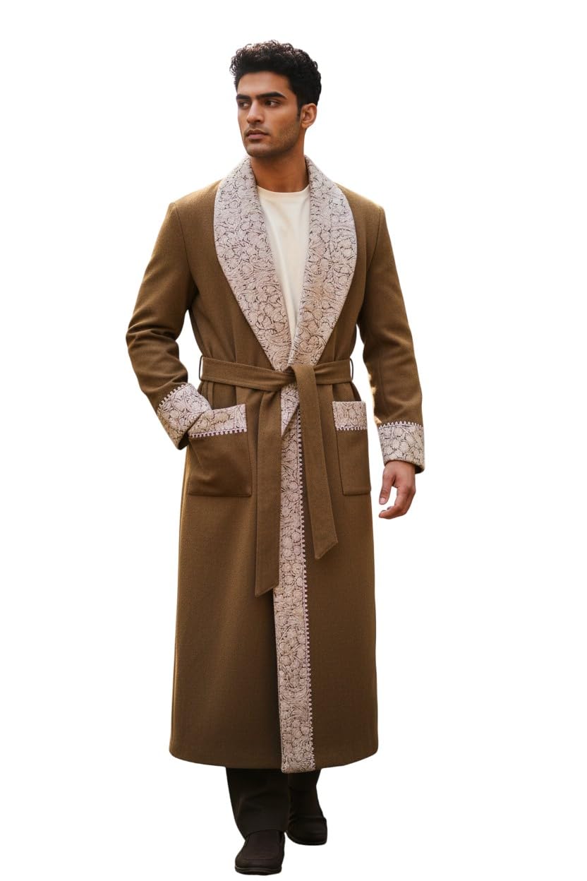 Men Woolen Nightgown Dressing Gown Sleep And Lounge Wear With Kashmiri Charming Embroidery Free Size (1, Beige 8)