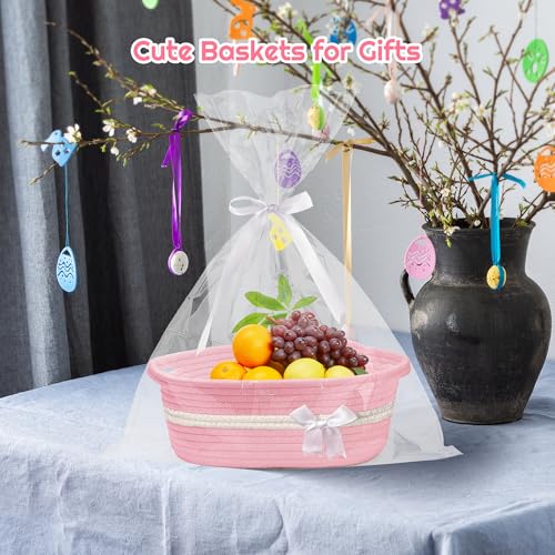 Image of Allaugh Pink Baskets for Gifts Empty: Graduation Gift Baskets with Ribbons and Handles - 12 inchX 8 inch X 5.5 inch Cellophane Wrap Rope Cotton Bow Woven Basket - Cute Large Bags for Teacher from Girl Students